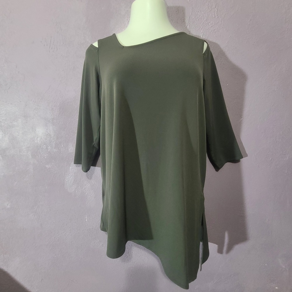 Alfani Cold Shoulder Blouse Women Medium Olive Green Asymmetrical 3/4 Sleeve